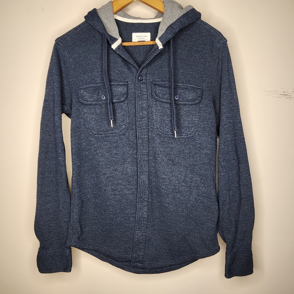 American Eagle Hooded Waffle Knit Shirt Jacket - Blue
